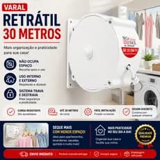 Varal De Roupas Retrátil Recolhivel Para Parede Seca Fácil Com Corda De 30m Manivela Apartamento