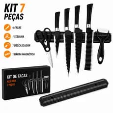 Kit 6 Facas Profissionais Inox Chef Preto + Barra Magnética Organizadora Cozinha Churrasco Premium