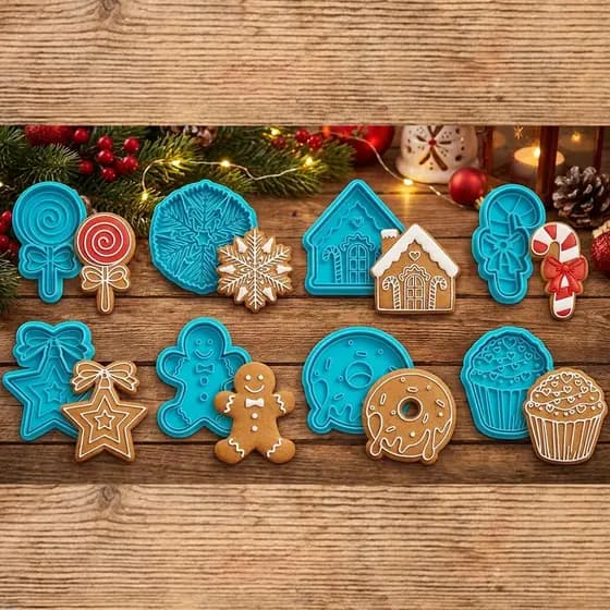 Kit 8 Cortadores e Carimbos Natal Papai Noel – Moldes Para Biscoitos Decorados, Glacê, Cookies e Pasta Americana