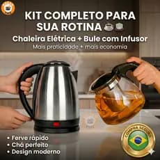 Kit Chaleira Elétrica Inox 1,8L + Bule Vidro c/ Infusor Chá Café 127V ou 220V 350ml ou 950ml