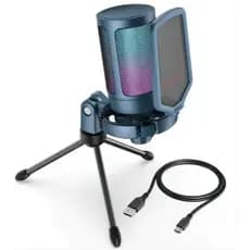 Microfone Condensador USB Fifine Gamer A6V Azul com Pop Filter e RGB