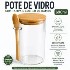 Pote Vidro Hermético 690ml Com Tampa E Colher De Bambu Porta Café Açúcar Mantimentos
