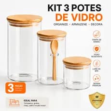 Kit 3 Potes de Vidro Hermético Tampa Bambu + Colher 350ml 690ml 860ml Organizador Artigos De Cozinha Mantimentos