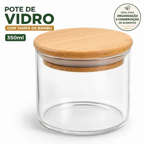 Pote De Vidro Hermético 350ml Com Tampa De Bambu Porta Café Mantimentos Organizador