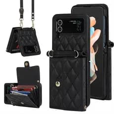 Capa Flip De Couro Luxuosa Para Samsung Galaxy Z 7 6 3 4 5 Com Compartimentos Cartão Acordeão Destacável Alça De Cordão