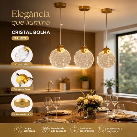 Lustre De Cristal Dourado Em Forma De Bolha Com Luzes LED Design moderno e minimalista 3 Cores(110-220V)