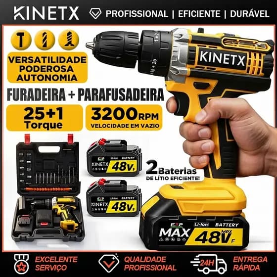 Furadeira Parafusadeira Sem Fio 48Vf 2 Baterias Maleta Brushless Acessorios Profissional 3/8 10mm l KINETX