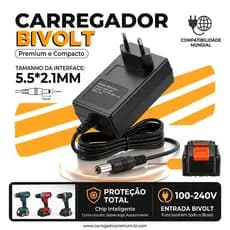 Carregador Universal 21V 1A Bivolt Automático 100-240V para Chave de Impacto e Parafusadeira