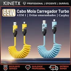 Cabo Carregador Turbo 65W 4 em 1com Mola Retrátil USB Rápido Lightning Micro Type-C 1.5m Evitar emaranhados Varias Cores