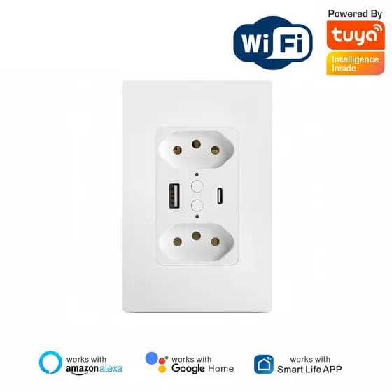Tomada Inteligente WiFi 4000W, 2 Tomadas + USB Type-C, Painel Vidro Temperado, Compatível Tuya, Alexa e Google