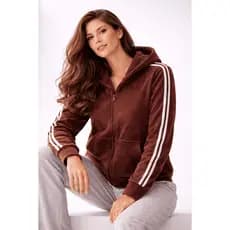 Jaqueta Feminina Plush Listrada Com Capuz Peluciada Inverno Zíper Moda Casual Confortável