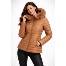 Jaqueta Puffer Feminina Forrada por Dentro Inverno com Capuz Peluciado Premium