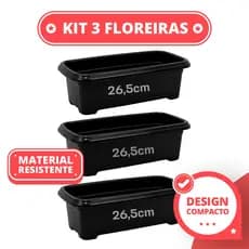 Kit com 3 Floreiras Retangulares Pretas para Jardim, Horta e Flores Decoração