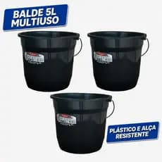 Kit 3 Baldes Multiuso 5L Preto - Plástico Reforçado com Alça Resistente Casa e Uso Geral
