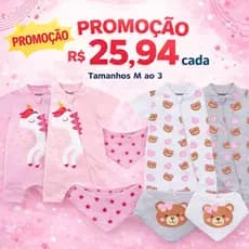 Kit Macacão Curto para bebê de ziper Menina Verão com Babador Estampado