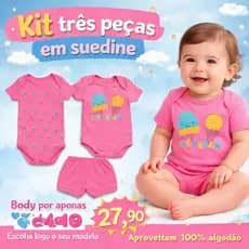 kit3 peças menina body curto e bermuda suedine verão 100% algodão