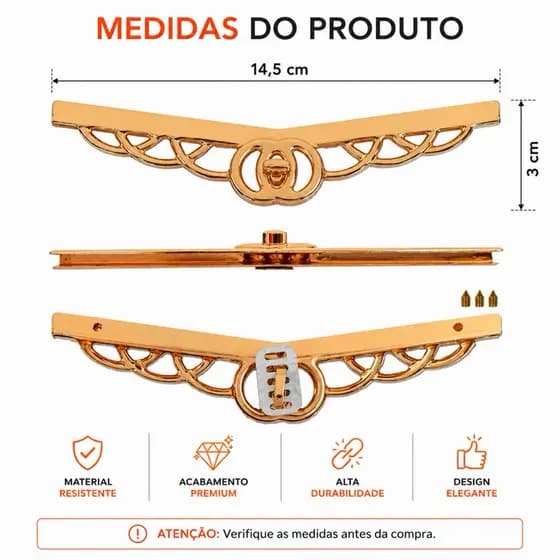 Fecho para bolsa com torniquete cor ouro 14,5CM - 1 unidade