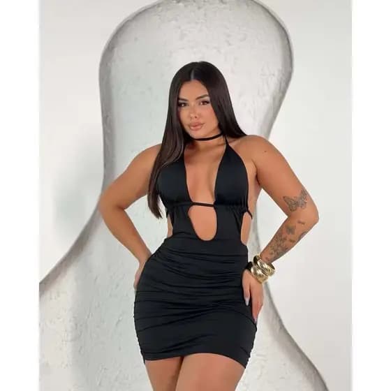 Vestido Curto Feminino Moda Gringa Com Bojo Com Alça De Amarrar  Decote Profundo Costas Nua Justo Suplex