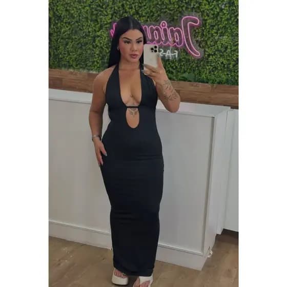 Vestido Longo Feminino Decote Profundo Costas Nua Com Amarração Justo Suplex Look Noite Elegante Casual