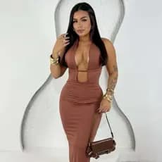 Vestido Feminino Longo Recorte Moderno Costas Nua Com Amarrações Decote Ajustvel Suplex Vestido Chic Eventos Gringo