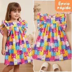 Vestido de Menina Infantil Gatinhos Colorido Estampado Evangélico Luxo Manga Princesa