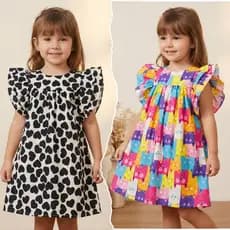 Vestido Infantil de Menina Festa Luxo Colorido Gatinhos Coração Igreja Babado