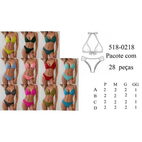 Conjunto de Biquíni Triângulo com Amarração - Pacote com 28 Peças 518-0218 (P, M, G, GG)