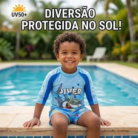 Conjunto Natação Infantil Manga Longa com Proteção UV | Roupa de Praia Tubarão
