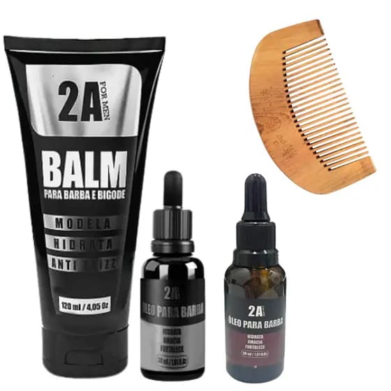 Kit Barba Completo 2A For Men | Balm + Óleo para Barba + Pente de Madeira | Hidrata, Modela e Anti Frizz