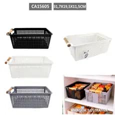 Cesto Organizador Multiuso Vazado Alça de Madeira 31cm Kit 1 2 3 Unidades Preto Bege Cinza Banheiro Cozinha Geladeira