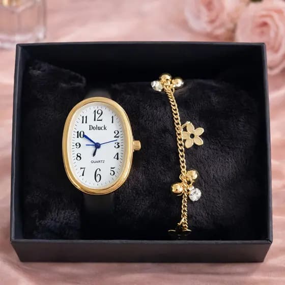 Kit Relógio Feminino Dourado 24mm Fecho Inox + Pulseira Escolha Borboleta Coração ou Flor com Caixa Presente Delicado