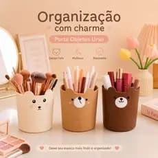 Kit Organizador Porta Objetos Redondo Ursinho Mesa Canetas Maquiagem Decoração Fofo 11,5cm