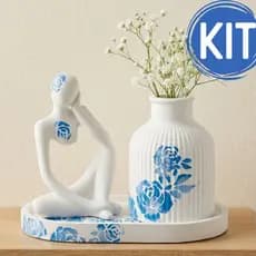 💙 Kit Decoração Moderna de Gesso com Bandeja + Escultura + Vaso | Decoração Porcelana Azul