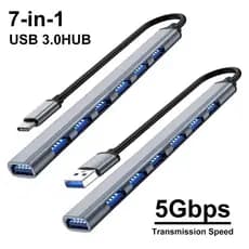 Hub USB 7 em 2 Tipo C 3.0-A com 7 Portas USB3.0/2.0 e Transmissão de Dados de Alta Velocidade de 5Gbps para Macbook, PC