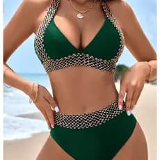 2025 Biquíni Europeu Americano Elástico com Costura Suave de Cintura Alta Biquíni de Duas Peças/Biquíni Feminino com Fit