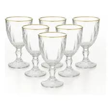 Jogo 6 Taças Vidro Diamante 330ml Com Borda Dourada Conjunto Elegante Para Vinho, Água E Drinks
