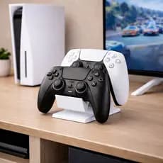 Suporte Duplo Controle Gamer PS5 PS4 Xbox Branco Organizador Mesa Base 2 Controles Setup Gamer