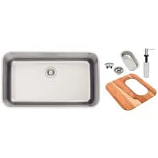Cuba de Embutir Tramontina Dora 70 BL R6 em Aço Inox Escovado com Válvula Ø 4 1/2", Tábua de Madeira, Cesto coador e Dos