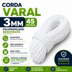 Corda PP 3mm 45m Trançada Alta Resistência Para Varal Apartamento Uso Geral RGsegurity