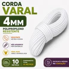 Corda PP 4mm Branca Flexível para Varal Camping e Uso Doméstico 10 Metros