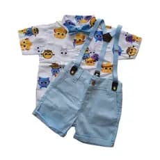 Conjunto infantil Social Menino Personagens Bolo Fofo Festa Aniversário Camisa Suspensório