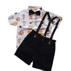 Conjunto infantil Social Menino Personagens Circo Festa Aniversário Camisa Gravata Suspensório