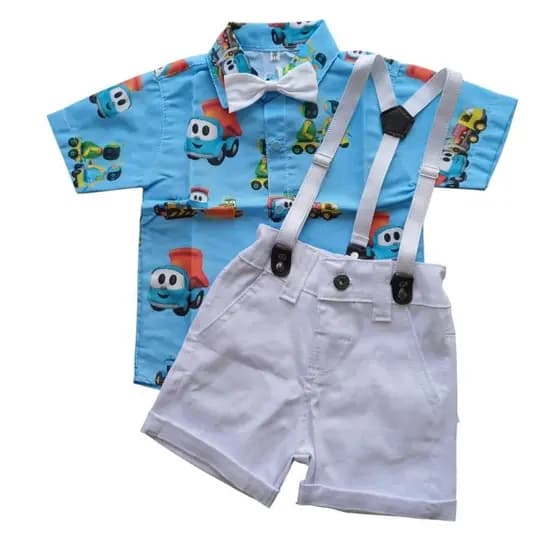 Conjunto infantil Social Menino Personagens Festa Aniversário Camisa Suspensório Léo Caminhão