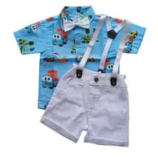 Conjunto infantil Social Menino Personagens Festa Aniversário Camisa Suspensório Léo Caminhão