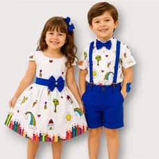 Conjunto Infantil Formatura Aquarela Vestido Bermuda Suspensório Menino ABC menina Festa