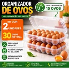 Kit 2 Porta Ovos com Tampa 30 Ovos Organizador Empilhável Geladeira Transparente (Capacidade15 Cada)
