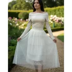Saia Midi de Tule Elegante com Renda e Pérolas – Forrada, Cós Elástico, Super Leve
