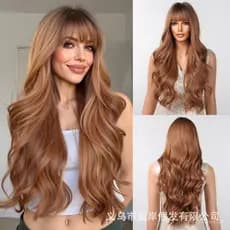 Peruca feminina completa chapelaria Qi franja dourado marrom grande onda longo cabelo encaracolado conjunto de peruca de