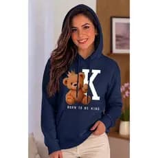 Moletom feminino estiloso confortável 100% algodão canguru com capuz estampado ursinho fofo