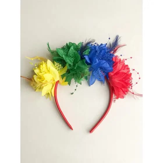 Arco de Flores Coloridas Carnaval – Tiara Floral com Plumas e Pérolas - Arco Floral - Tiara tropical colorido